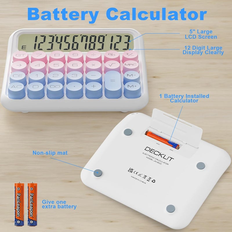 Decklit Battery Desk Calculator - 12 Digit Extra Large 5-Inch LCD Display, Big Buttons Easy to Press Office Calculators, 15 Tilt Screen for Kids (Blue & Pink) - Image 3